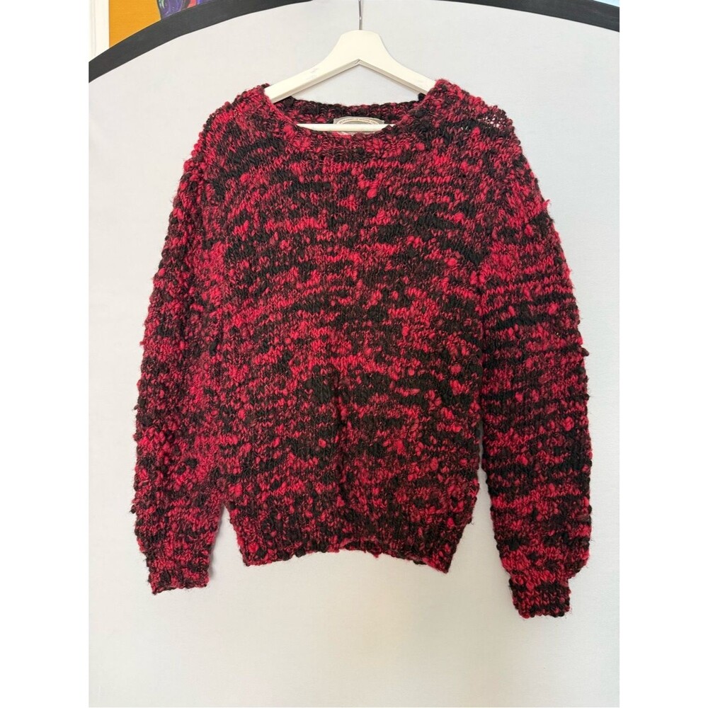Vintage Hand Knit Wool Sweater GUSTO Chunky Heavy Knit Red Black Speckled M